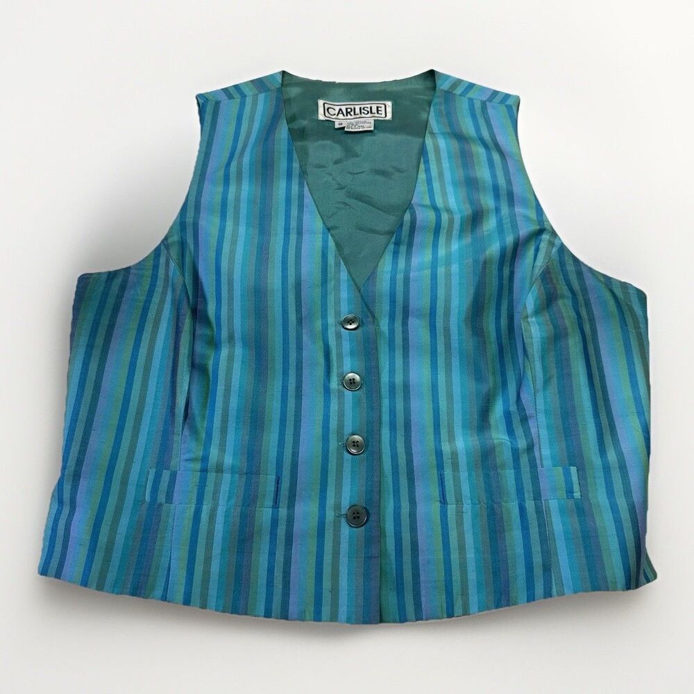 Vintage 100% Silk Carlisle Vest Women's M Striped Teal Button Front Career
